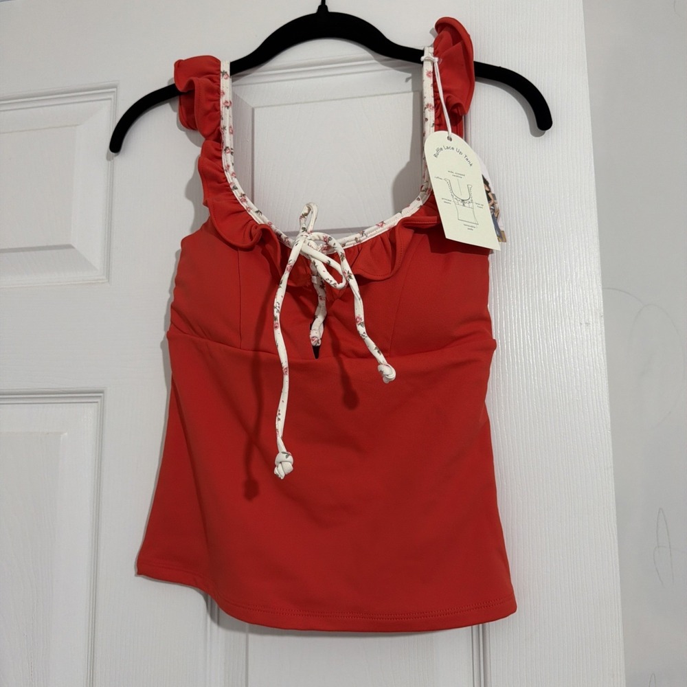 Blogilates Women's Ruffle Lace Up Tank Top - Red XS Active Wear Workout